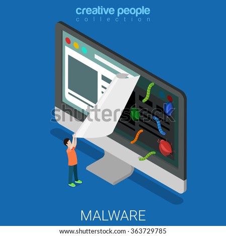 Infected website flat 3d isometry isometric online internet technology malicious software malware concept web vector illustration. Web site user tear page virus bug worm. Creative people collection.