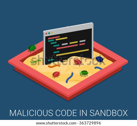 Malicious software application code development sandbox debug flat 3d isometric programming technology antivirus malware concept web vector illustration. Infected laptop in sand box bug worm.