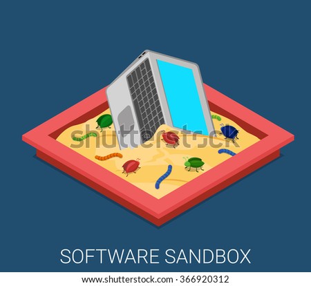 Desktop malicious software application development sandbox debug flat 3d isometric code programming technology antivirus malware concept web vector illustration. Infected laptop in sand box bug worm.
