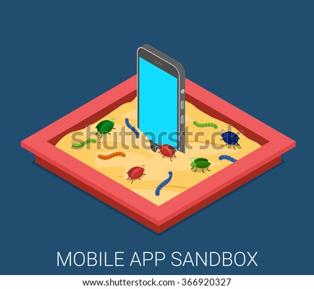 Mobile malicious software application development sandbox debug flat 3d isometric code programming technology antivirus malware concept web vector illustration. Infected smartphone sand box bug worm.