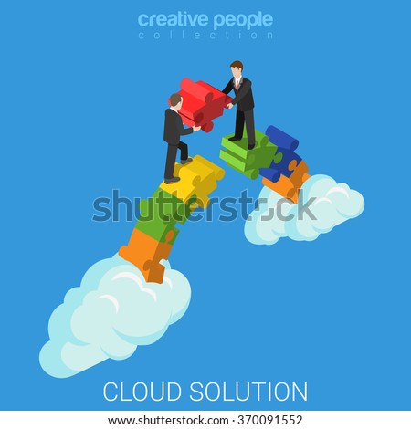 Cloud solution flat 3d isometry isometric business technology concept web vector illustration. Two businessmen building bridge with puzzle pieces. Creative people collection.
