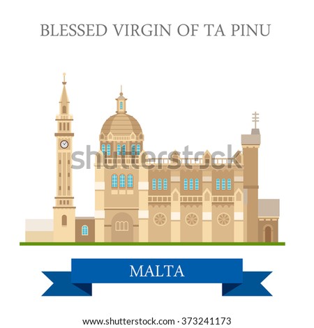 Blessed Virgin of Ta Pinu in Malta. Flat cartoon style historic sight showplace attraction web site vector illustration. World countries cities vacation travel sightseeing collection.