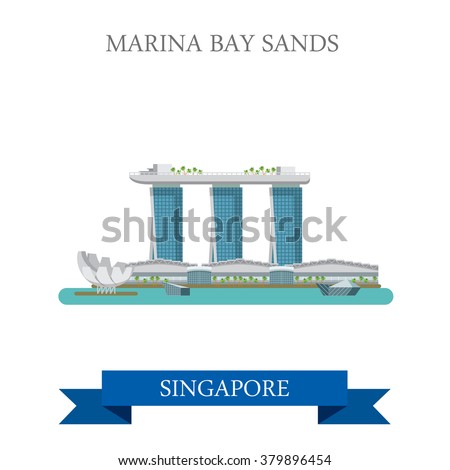 Marina Bay Sands in Singapore. Flat cartoon style historic sight showplace attraction web site vector illustration. World countries cities vacation travel sightseeing Asia collection.