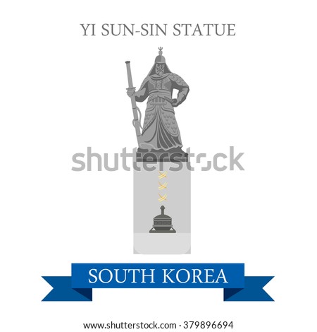 Yi Sun-Sin Statue in South Korea. Flat cartoon style historic sight showplace attraction web site vector illustration. World countries cities vacation travel sightseeing Asia collection.