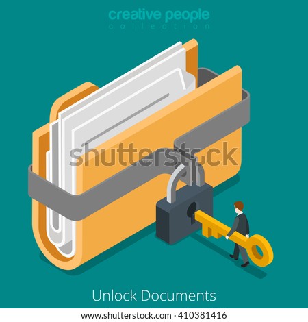 Unlock folder secure data file document with lock key icon. 3d isometric style vector illustration.