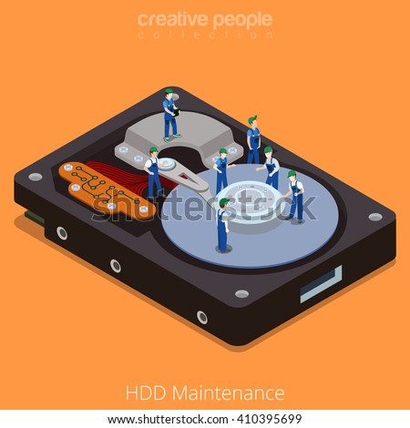 HDD Maintenance process. 3d isometric style technology computer hardware concept vector illustration. Micro cartoon men on big hard disk drive open cover. 