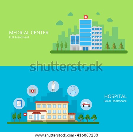Medical center full treatment hospital local healthcare web site banner hero image set. Building exterior and health care service icons. Flat style modern vector illustration.