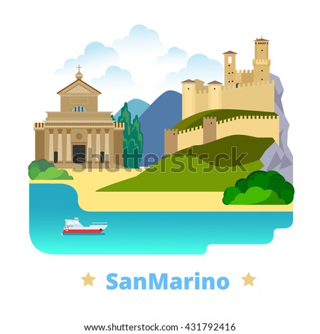 San Marino country magnet design template. Flat cartoon style historic sight showplace web site vector illustration. World vacation travel Europe European collection. Basilica di San Marino Guaita.