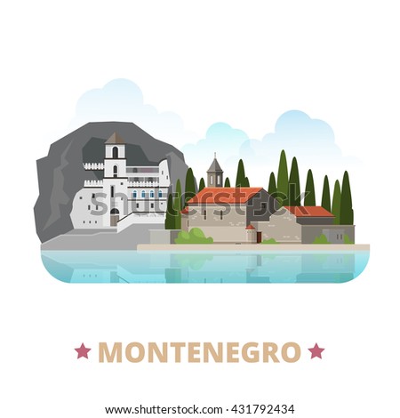 Montenegro country design template. Flat cartoon style historic sight showplace web site vector illustration. World vacation travel Europe European collection. Ostrog Monastery Island of Saint George.