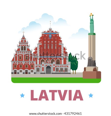 Latvia country magnet design template. Flat cartoon style historic sight showplace web vector illustration. World vacation travel Europe European collection. House of the Blackheads Freedom Monument.