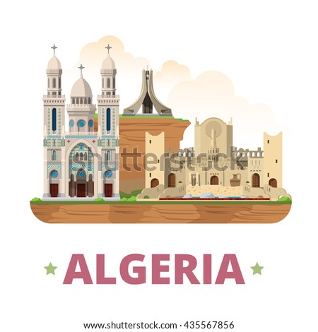 Algeria country design template. Flat cartoon style historic sight showplace web site vector illustration. World vacation travel Africa African collection. Basilique St Augustin Mzab Maqam Echahid.