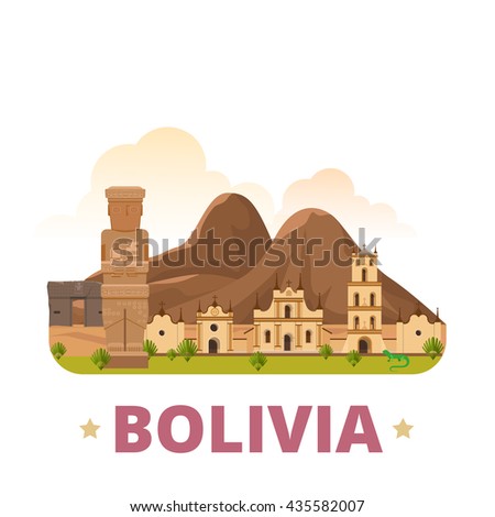 Bolivia country design template. Flat cartoon style historic sight showplace web vector illustration. World vacation travel South America collection. San Francisco Church La Paz Ancient city Sun Gate.