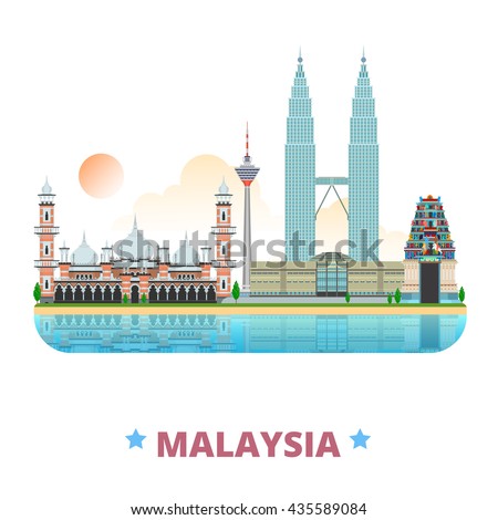 Malaysia country design template. Flat cartoon style historic sight web vector illustration. World travel Asia collection. Petronas Twin Sri Mahamariamman Hindu Temple Jamek Mosque Kuala Lumpur Tower.