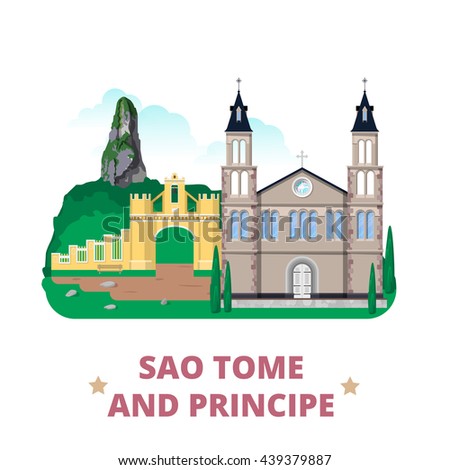 Sao Tome and Principe countryflat cartoon style historic sight showplace web site vector illustration. World vacation travel Africa African collection. The Cathedral Roca Belo Monte Pico Cao Grande.