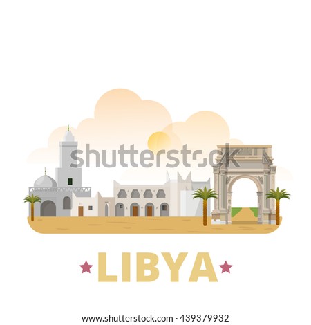 Libya country magnet design template. Flat cartoon style historic sight showplace web site vector illustration. World vacation travel sightseeing Africa African collection. Ghadames Leptis Magna.