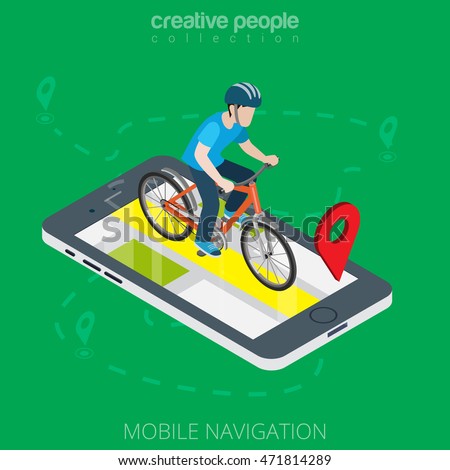 Flat isometric male cyclist over smartphone with GPS app map vector illustration. 3d isometry mobile navigation concept. Online or offline pocket navigator application image.