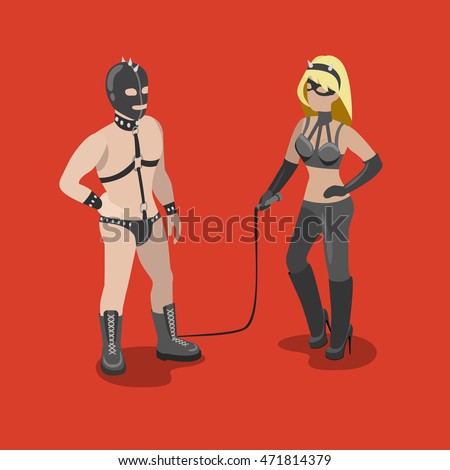 Flat isometric sexy BDSM adult couple dressed in leather clothes vector illustration. 3d isometry bondage sado maso sexual role game relations concept.