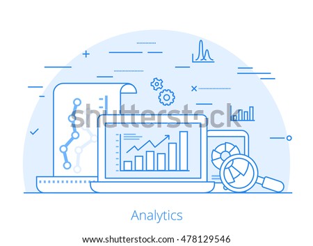 Lineart Flat visitor analytics website hero image vector illustration. SEO, SMM and online marketing concept. Laptop, tablet with report data on screen.