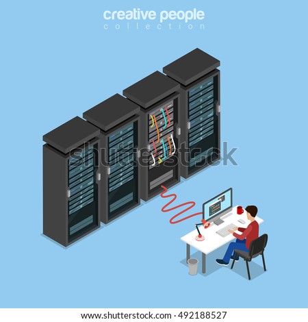 Flat isometric System Administrator, Server Admin, IT guy, Programmer or code developer working on computer, connected to server rack vector illustration. 3d isometry Technology and Telecom concept.