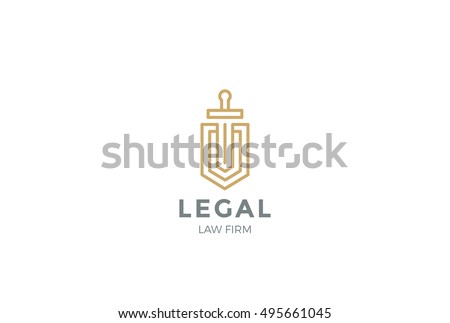Lawyer Attorney Advocate Logo design vector template Linear style.
Shield Sword Law Legal firm Security company logotype. Protect defense concept icon.