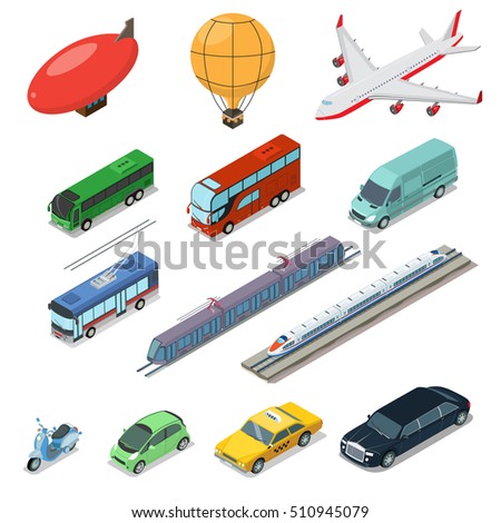 Isometric flat vehicle, railway, flying, passenger and cargo transport isolated on white background vector illustration set. 3d Isometry International service and specialized transportation concept.