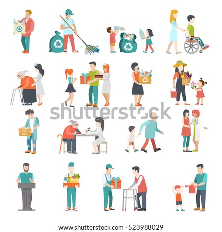 Flat Young man woman and children collecting waste, medical staff helping old people vector illustration icon set. Recycling and Social work concept.