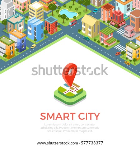 Flat isometric residential quarter, Smart city app infographics template vector illustration. 3d isometry Mobile application concept.