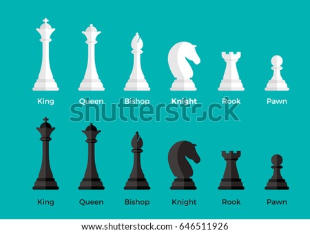 White and Black Flat Chess pieces vector illustration set on blue background. Logical games concept. King, Queen, Bishop, Knight, Rook, Pawn.