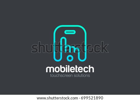 Finger press touchscreen of Mobile phone Logo design vector template Linear style. 
App media business technology Logotype concept icon.