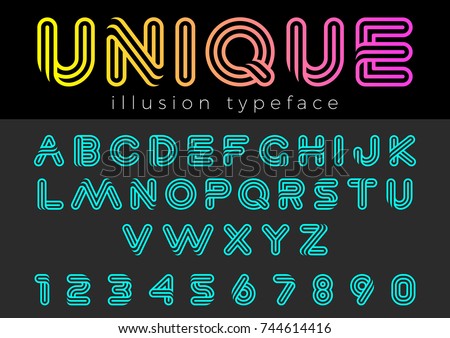 Linear Illusion vector Font for Title, Header, Lettering, Logo.
Funny Entertainment Active Sport Technology areas Typeface. Letters and Numbers.