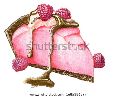Hand painted watercolor raspberry pink cake with cream and chocolate isolated on the white background