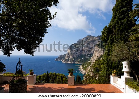 Beautiful view of Capri Island from classical italian terrace, southern Italy