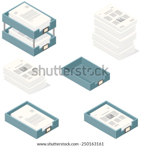 Isometric office in and out trays. Office Paperwork Icons. Isometric in and out trays. 