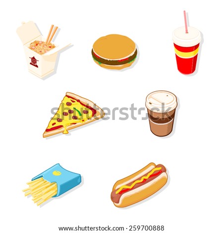 A vector illustration of various isometric take out food. Isometric Fast Food. Fast Food Junk Food.