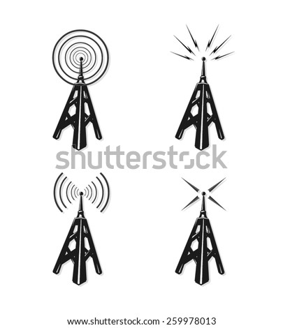A vector illustration of communication radio towers. Radio communication towers. Vintage Radio communications and broadcast.