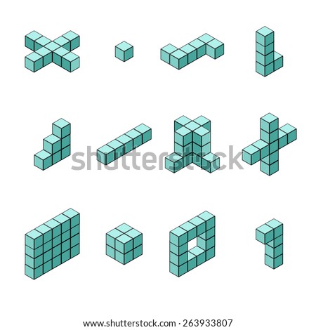 A vector illustration of isometric shapes in different arrangements.
Isometric Cubes and shapes.
Isometric cubes and square icon set.