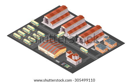 A vector illustration of an isometric bus depot.
Isometric Bus Depot icon illustration.
Public transportation bus pool for maintenance and vehicle repair.