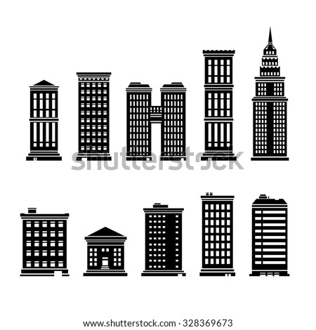 A vector illustration set of urban buildings.
Skyscraper and apartment silhouette buildings illustration icon set.
Retro black buildings. 