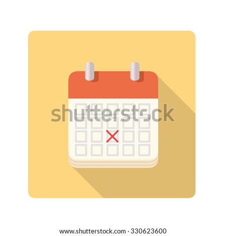 A vector illustration of a flat calendar with a red x mark.  
Calendar icon illustration. 
Flat Icon Calendar marked with date and on a yellow panel with a drop shadow. 