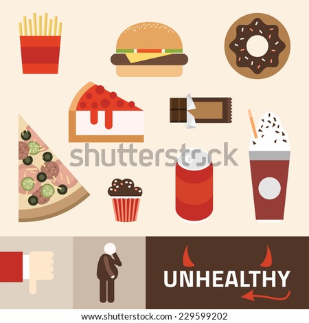Various unhealthy food: pizza, donut, burger, soda and other. Flat vector illustration.