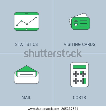 Set of Modern Vector Thin Line Icons. Statistics, Visiting Cards, Mail, Costs