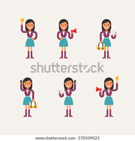 Cartoon Character Set Of Businesswoman In Various Poses. Flat Style