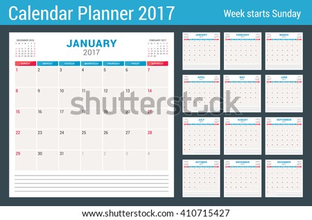 Calendar Planner for 2017 Year. Vector Design Template with Place for Notes. 3 Months on Page. Week Starts Sunday. Stationery Design. Set of 12 Months