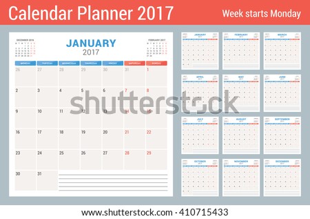 Calendar Planner for 2017 Year. Vector Design Template. Set of 12 Months. Week Starts Monday. Stationery Design