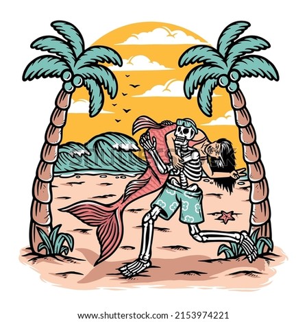 Skull holding a mermaid on the beach