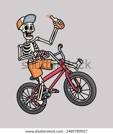 skull riding bicycle with beer illustration