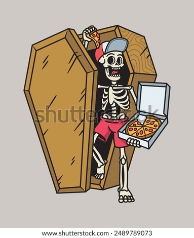 Skull offers pizza from a coffin illustration