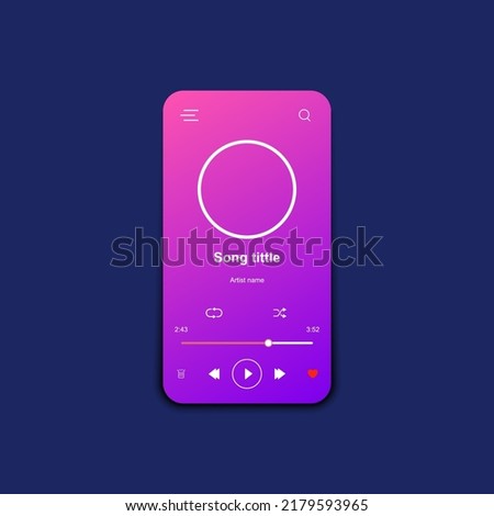 Music player mockup in modern design. Template of media equalizer with control buttons. Vector illustration, page for audio track listening. Audio player template for music. Vector illustration.