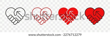 Handshakes heart vector icons set. Red and black handshakes sign. Communication, partnership, friendship symbols. Vector illustration.
