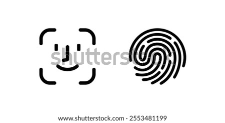 Face id and touch id icon set. Fingerprint sign. Identification icons. Facial recognition system, identification face. Finger scanner. Biometric verification. Vector illustration.